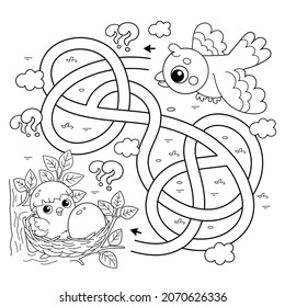 Maze oder Labyrinth Game. Rätsel. Tangled Road. Farbige Seite Umriss von Cartoon Vogel mit wenig Küken und Ei im Nest. Farbbuch für Kinder.