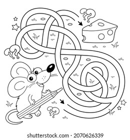 Maze or Labyrinth Game. Puzzle. Tangled road. Coloring Page Outline Of cartoon fun mouse with pencil. Collect all cheese. Coloring book for kids.
