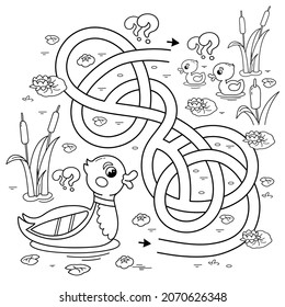 Maze or Labyrinth Game. Puzzle. Tangled road. Coloring Page Outline Of cartoon duck with little ducklings. Coloring book for kids.