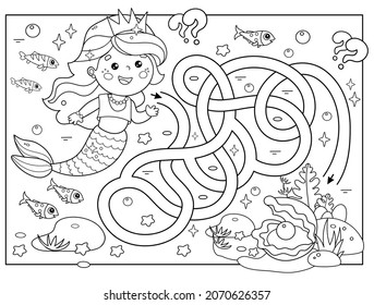Maze or Labyrinth Game. Puzzle. Tangled road. Coloring Page Outline Of cartoon beautiful little mermaid. Marine princess. Underwater world. Coloring book for kids.