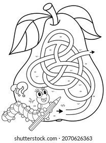 Maze or Labyrinth Game. Puzzle. Tangled road. Coloring Page Outline Of cartoon fun caterpillar with pear. Collect all apples. Coloring book for kids.