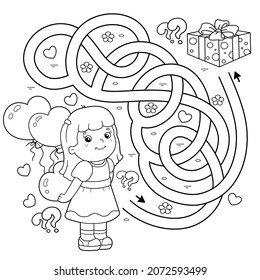 Juego de laberinto o laberinto. Rompecabezas. Camino enmarañado. Esbozo de la página de Coloring Girl con corazón y globos. Día de San Valentín. Libro de colorear para niños.