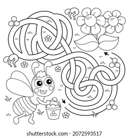 Maze or Labyrinth Game. Puzzle. Tangled road. Coloring Page Outline Of cartoon little bee with bucket of honey. Coloring book for kids.