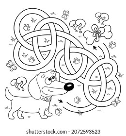 Maze or Labyrinth Game. Puzzle. Tangled road. Coloring Page Outline Of cartoon little dog with bone. Dachshund puppy. Coloring book for kids.