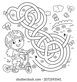 Maze or Labyrinth Game. Puzzle. Tangled road. Coloring Page Outline Of cartoon girl with scooter. Sport activity. Coloring book for kids.