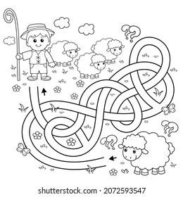 Maze or Labyrinth Game. Puzzle. Tangled road. Coloring Page Outline Of cartoon shepherd with flock of sheep. Farm animals. Coloring book for kids.