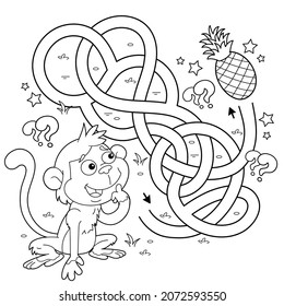 Maze or Labyrinth Game. Puzzle. Tangled road. Coloring Page Outline Of cartoon little monkey with pineapples. Collect fruits. Coloring book for kids.