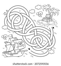 Maze or Labyrinth Game. Puzzle. Tangled road. Coloring Page Outline Of cartoon pirate ship with treasure island. Coloring book for kids.