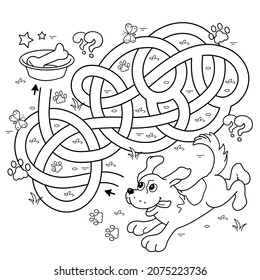 Maze or Labyrinth Game. Puzzle. Tangled road. Coloring Page Outline Of cartoon little dog with bone. Puppy. Coloring book for kids.