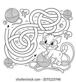 Maze or Labyrinth Game. Puzzle. Tangled road. Coloring Page Outline Of cartoon cat with ball of yarn. Coloring book for kids.