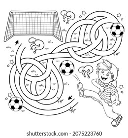 Maze or Labyrinth Game. Puzzle. Tangled road. Coloring Page Outline Of cartoon boy with soccer ball. Football. Sport activity. Coloring book for kids.