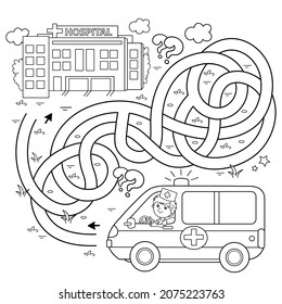 Maze or Labyrinth Game. Puzzle. Tangled road. Coloring Page Outline Of cartoon doctor with ambulance car near the hospital. Coloring book for kids.