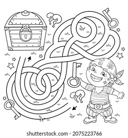 Maze or Labyrinth Game. Puzzle. Tangled road. Coloring Page Outline Of cartoon little pirate with treasure chest. Coloring book for kids.