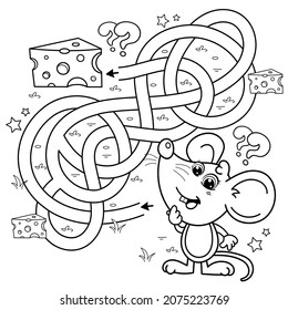 Juego de laberinto o laberinto. Rompecabezas. Camino enmarañado. Esquema de la página de color del ratón divertido de dibujos animados con queso. Libro de colorear para niños.