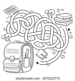 Maze or Labyrinth Game. Puzzle. Tangled road. Coloring Page Outline Of cartoon children satchel or knapsack with books or textbooks. School supplies. Coloring book for kids.