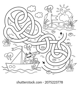 Maze or Labyrinth Game. Puzzle. Tangled road. Coloring Page Outline Of cartoon fun frog on ship. Little sailor. Coloring book for kids.