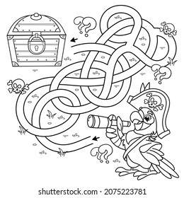 Maze or Labyrinth Game. Puzzle. Tangled road. Coloring Page Outline Of cartoon parrot pirate with telescope. Coloring book for kids.