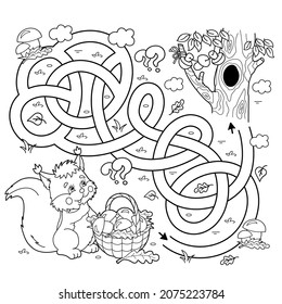 Maze Or Labyrinth Game. Puzzle. Tangled Road. Coloring Page Outline Of Cartoon Squirrel With Basket Of Mushrooms. Tree Hollow. Coloring Book For Kids.