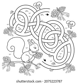 Maze or Labyrinth Game. Puzzle. Tangled road. Coloring Page Outline Of cartoon squirrel with fir cones. Coloring book for kids.
