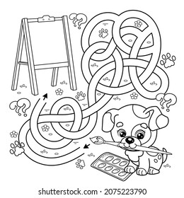 Maze or Labyrinth Game. Puzzle. Tangled road. Coloring Page Outline Of cartoon little dog with with brush and paints. Little artist with easel. Coloring book for kids.
