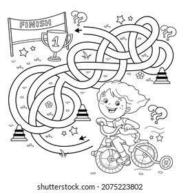 Maze or Labyrinth Game. Puzzle. Tangled road. Coloring Page Outline Of cartoon girl on bicycle or bike. Sport activity. Coloring book for kids.