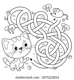 Maze or Labyrinth Game. Puzzle. Tangled road. Coloring Page Outline Of cartoon little cat with mouse. Coloring book for kids.