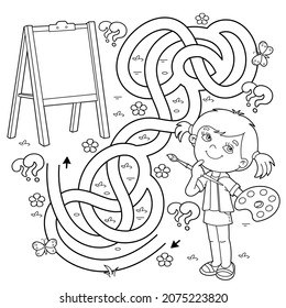 Maze or Labyrinth Game. Puzzle. Tangled road. Coloring Page Outline Of cartoon girl with brush and paints. Little artist with easel. Coloring book for kids.