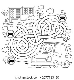 Maze or Labyrinth Game. Puzzle. Tangled road. Coloring Page Outline Of cartoon car with driver. Transport or vehicle. Coloring book for kids.