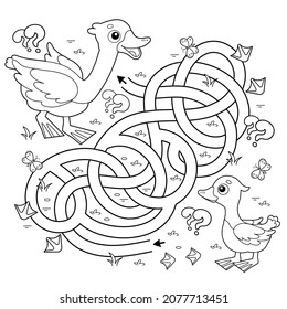 Maze or Labyrinth Game. Puzzle. Tangled road. Coloring Page Outline Of cartoon goose with gosling. Farm animals. Coloring book for kids.