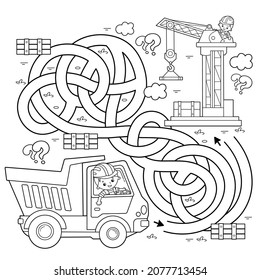 Maze or Labyrinth Game. Puzzle. Tangled road. Coloring Page Outline Of cartoon lorry or dump truck. Elevating crane on build. Construction vehicles. Coloring book for kids.