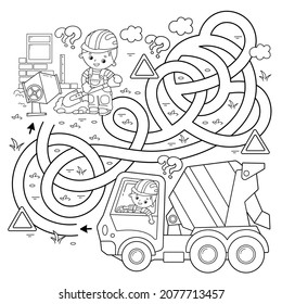 Maze or Labyrinth Game. Puzzle. Tangled road. Coloring Page Outline Of cartoon concrete mixer. Construction vehicles. Coloring book for kids.