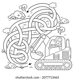 Maze or Labyrinth Game. Puzzle. Tangled road. Coloring Page Outline Of cartoon crawler excavator. Construction vehicles. Profession. Coloring book for kids.