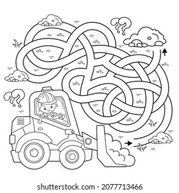 Maze or Labyrinth Game. Puzzle. Tangled road. Coloring Page Outline Of cartoon bulldozer. Construction vehicles. Profession. Coloring book for kids.