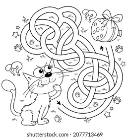 Maze or Labyrinth Game. Puzzle. Tangled road. Coloring Page Outline Of cartoon cat with sausage. Coloring book for kids.