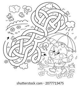 Maze or Labyrinth Game. Puzzle. Tangled road. Coloring Page Outline Of cartoon little chick or chicken with umbrella in the rain. Coloring book for kids.