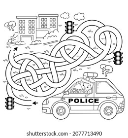 Maze or Labyrinth Game. Puzzle. Tangled road. Coloring Page Outline Of cartoon policeman with car. Profession - police. Coloring book for kids.