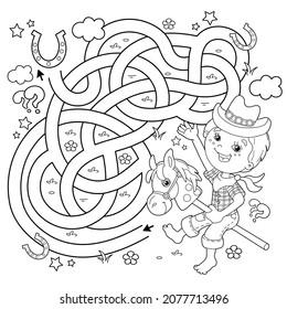 Maze or Labyrinth Game. Puzzle. Tangled road. Coloring Page Outline Of cartoon Boy playing cowboy with toy horse. Housework and cleaning, Coloring book for kids.