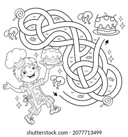 Maze or Labyrinth Game. Puzzle. Tangled road. Coloring Page Outline Of cartoon fun boy chef with cake. Little cook or scullion. Profession. Coloring book for kids.