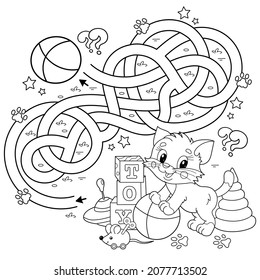 Maze or Labyrinth Game. Puzzle. Tangled road. Coloring Page Outline Of cartoon little cat with toys. Kitten. Coloring book for kids.