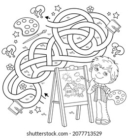 Maze oder Labyrinth Game. Rätsel. Tangled Road. Farbige Seite Umriss von Cartoon Junge mit Pinsel und Farben. Kleiner Künstler mit Aasel. Farbbuch für Kinder.