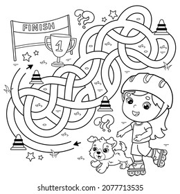 Maze or Labyrinth Game. Puzzle. Tangled road. Coloring Page Outline Of cartoon girl on roller skates with dog. Sport activity. Coloring book for kids.