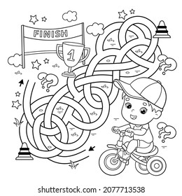 Maze or Labyrinth Game. Puzzle. Tangled road. Coloring Page Outline Of cartoon little boy on bicycle or bike. Sport activity. Coloring book for kids.