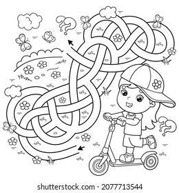 Maze or Labyrinth Game. Puzzle. Tangled road. Coloring Page Outline Of cartoon girl with scooter. Sport activity. Coloring book for kids.