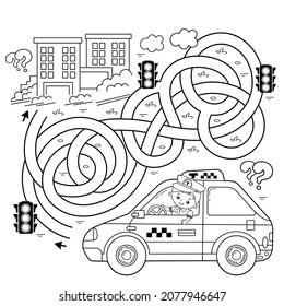 Juego de laberinto o laberinto. Rompecabezas. Camino enmarañado. Esbozo de página de color del taxista de dibujos animados con coche. Profesión - conductor. Taxi. Libro de colorear para niños.