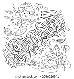 Maze or Labyrinth Game. Puzzle. Tangled road. Coloring Page Outline Of cartoon beautiful little mermaid. Marine princess. Underwater world. Coloring book for kids.