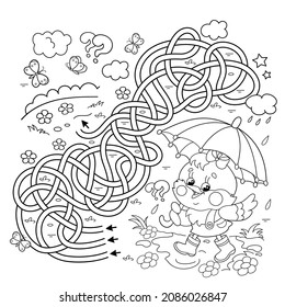 Maze or Labyrinth Game. Puzzle. Tangled road. Coloring Page Outline Of cartoon little chick or chicken with umbrella in the rain. Coloring book for kids.