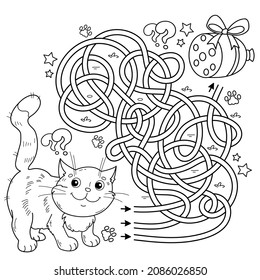 Maze or Labyrinth Game. Puzzle. Tangled road. Coloring Page Outline Of cartoon cat with sausage. Coloring book for kids.