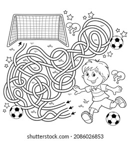 Maze or Labyrinth Game. Puzzle. Tangled road. Coloring Page Outline Of cartoon boy with soccer ball. Football. Sport activity. Coloring book for kids.