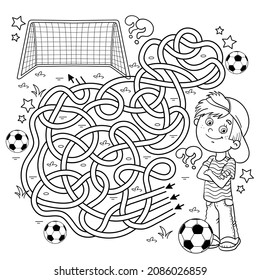 Maze or Labyrinth Game. Puzzle. Tangled road. Coloring Page Outline Of cartoon boy with soccer ball. Football. Sport activity. Coloring book for kids.