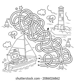 Maze or Labyrinth Game. Puzzle. Tangled road. Coloring Page Outline Of cartoon sail ship with sailor. Profession. Coloring book for kids. Coloring book for kids.